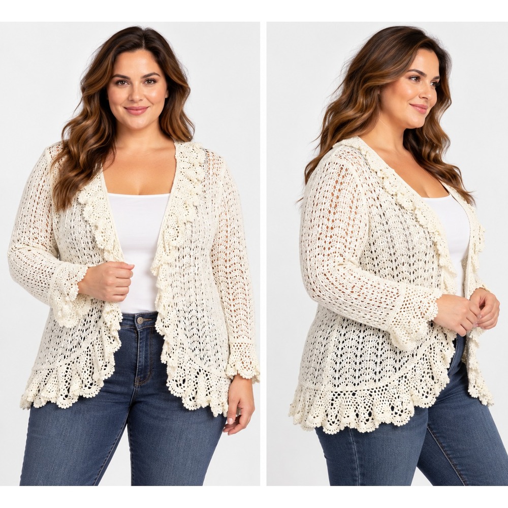 Coldwater Creek Cardigan 2X Ivory Crochet Open Knit Ramie Cotton Ruffle Shrug